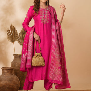Floral Hand Embroidered Straight & Kurta with Pant & Brocade & Dupatta - Pink