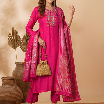 Floral Hand Embroidered Straight & Kurta with Pant & Brocade & Dupatta - Pink