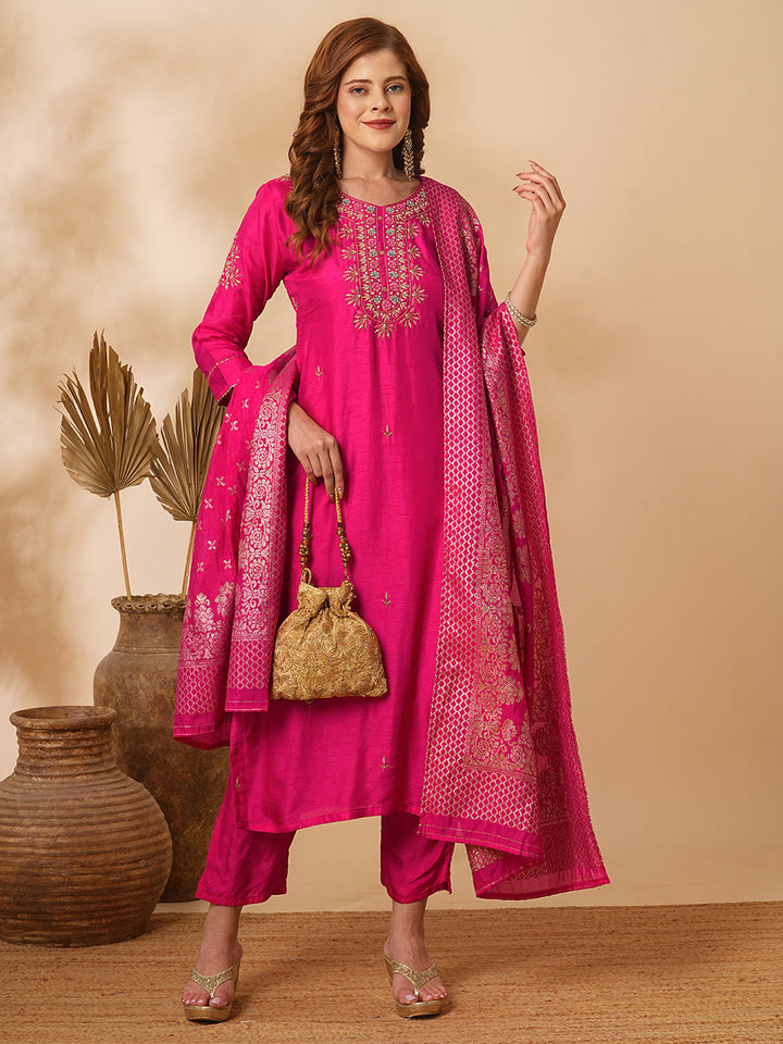 Floral Hand Embroidered Straight & Kurta with Pant & Brocade & Dupatta - Pink