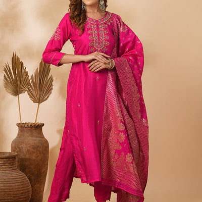 Floral Hand Embroidered Straight & Kurta with Pant & Brocade & Dupatta - Pink