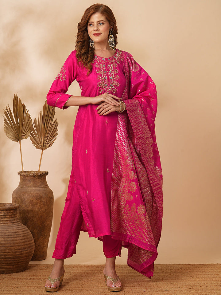 Floral Hand Embroidered Straight & Kurta with Pant & Brocade & Dupatta - Pink