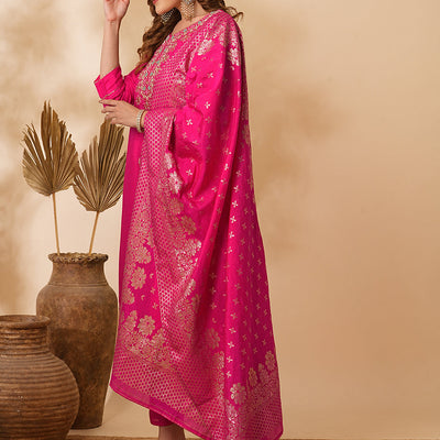 Floral Hand Embroidered Straight & Kurta with Pant & Brocade & Dupatta - Pink