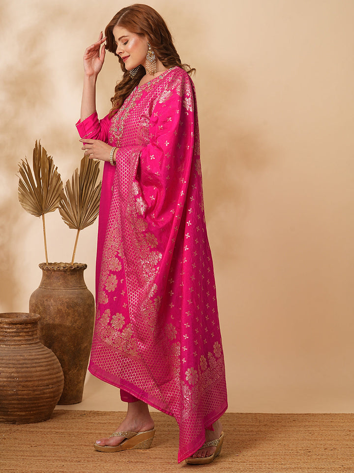 Floral Hand Embroidered Straight & Kurta with Pant & Brocade & Dupatta - Pink