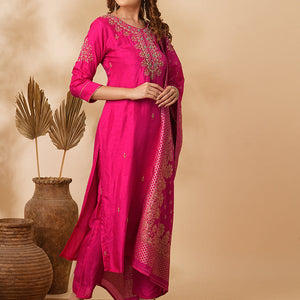 Floral Hand Embroidered Straight & Kurta with Pant & Brocade & Dupatta - Pink