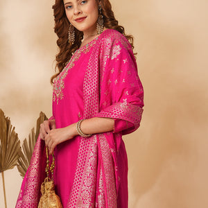 Floral Hand Embroidered Straight & Kurta with Pant & Brocade & Dupatta - Pink