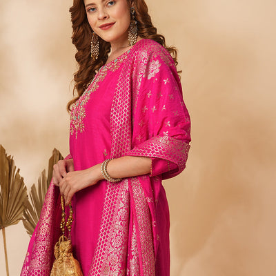 Floral Hand Embroidered Straight & Kurta with Pant & Brocade & Dupatta - Pink