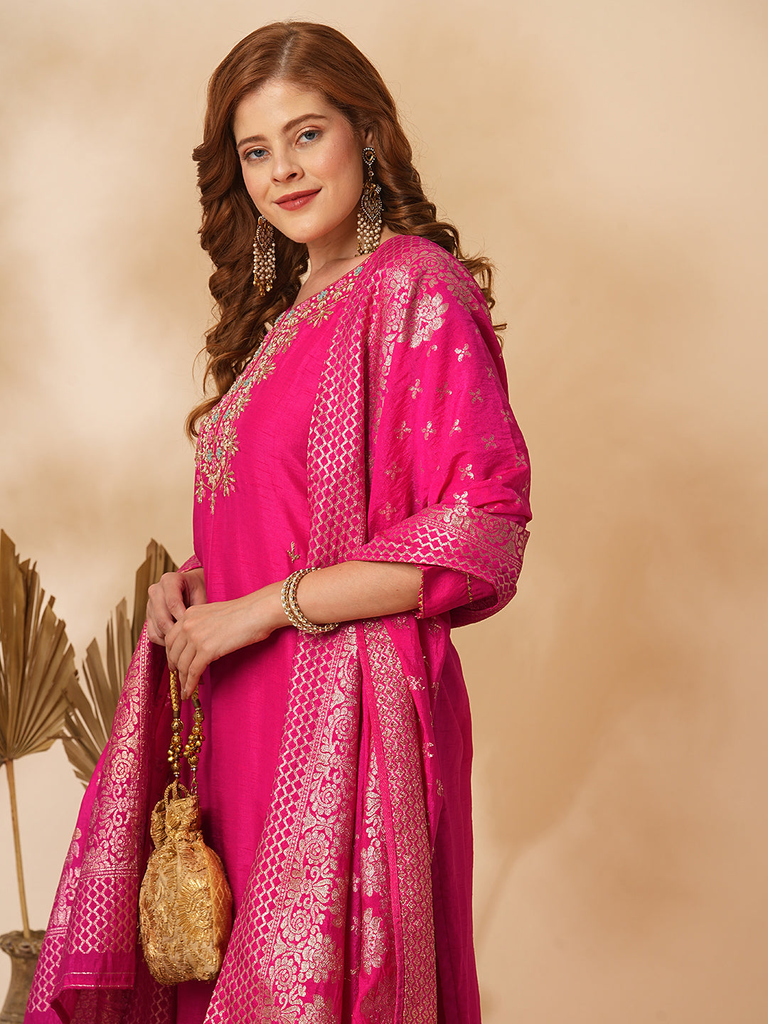 Floral Hand Embroidered Straight & Kurta with Pant & Brocade & Dupatta - Pink