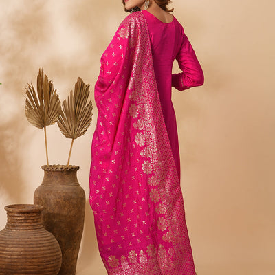 Floral Hand Embroidered Straight & Kurta with Pant & Brocade & Dupatta - Pink