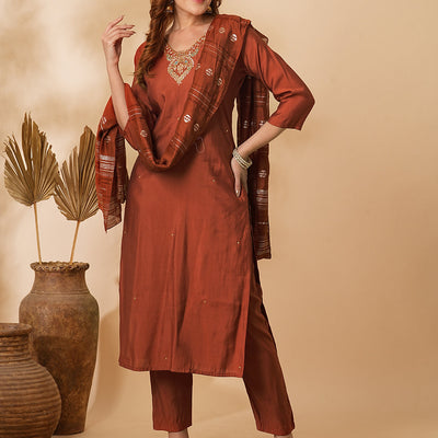 Solid Floral Hand Embroidered Straight Fit Kurta with Pant & Dupatta - Rust