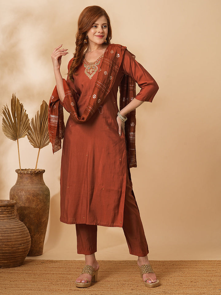 Solid Floral Hand Embroidered Straight Fit Kurta with Pant & Dupatta - Rust