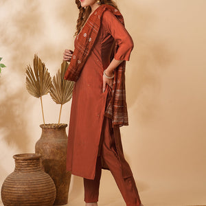 Solid Floral Hand Embroidered Straight Fit Kurta with Pant & Dupatta - Rust