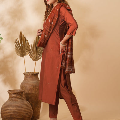 Solid Floral Hand Embroidered Straight Fit Kurta with Pant & Dupatta - Rust