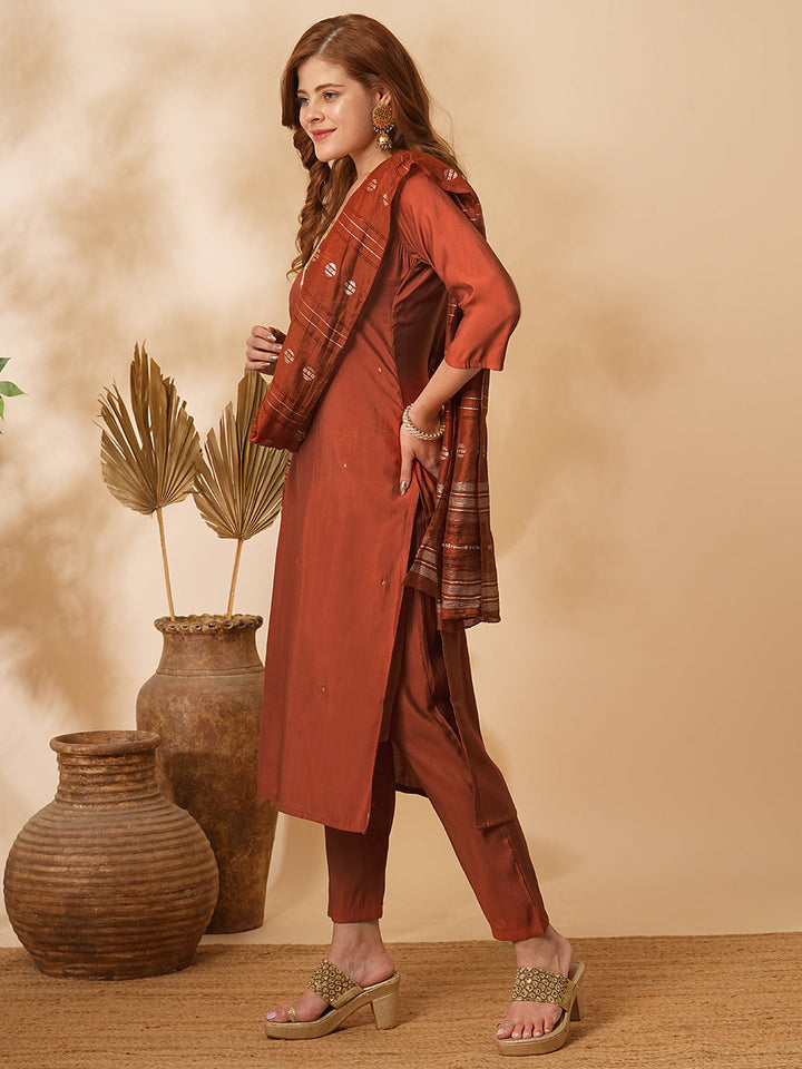 Solid Floral Hand Embroidered Straight Fit Kurta with Pant & Dupatta - Rust