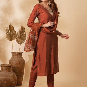 Solid Floral Hand Embroidered Straight Fit Kurta with Pant & Dupatta - Rust