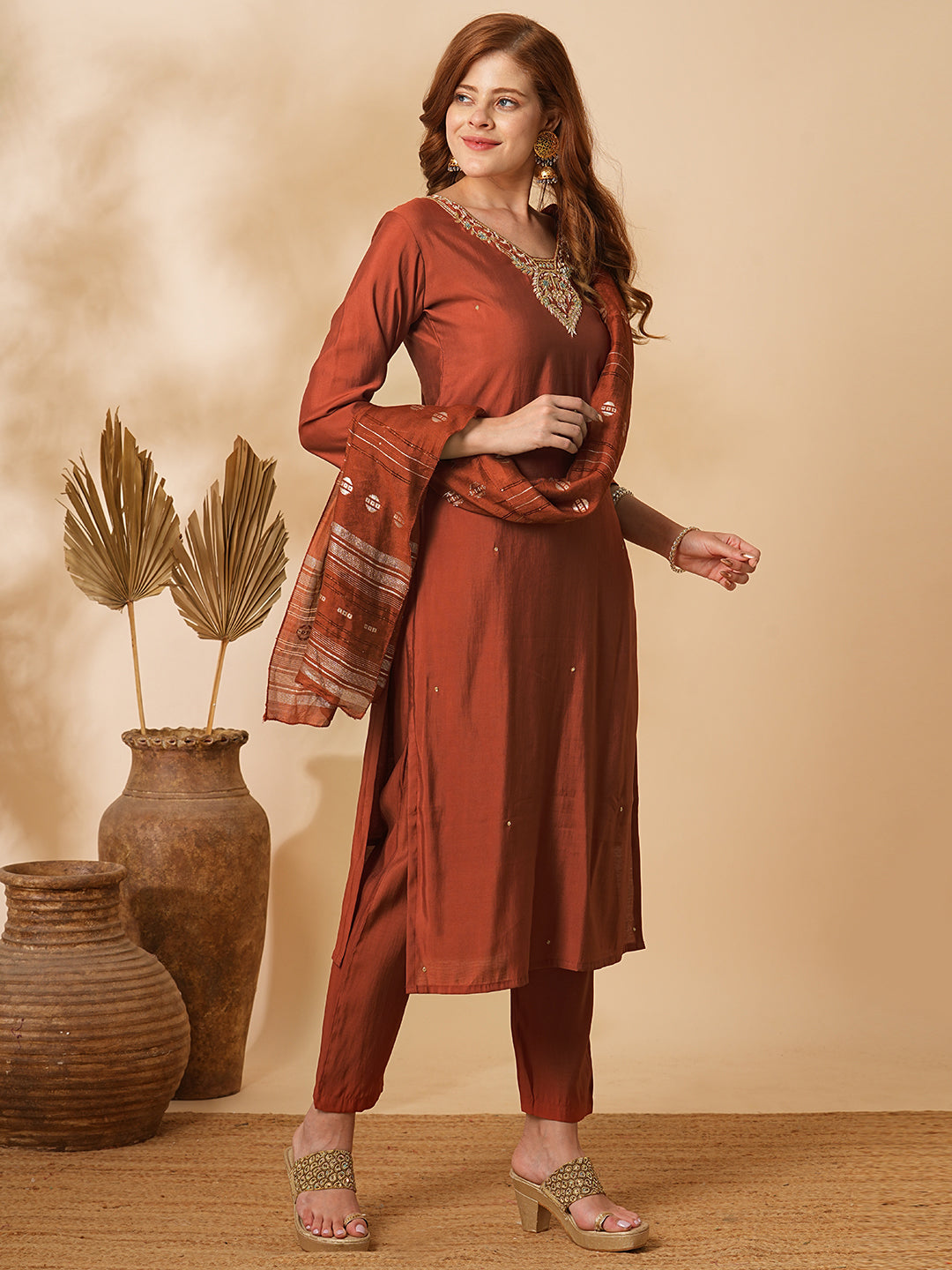 Solid Floral Hand Embroidered Straight Fit Kurta with Pant & Dupatta - Rust