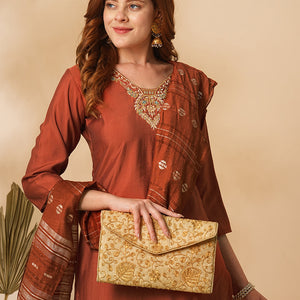Solid Floral Hand Embroidered Straight Fit Kurta with Pant & Dupatta - Rust