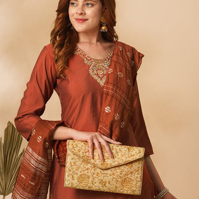 Solid Floral Hand Embroidered Straight Fit Kurta with Pant & Dupatta - Rust