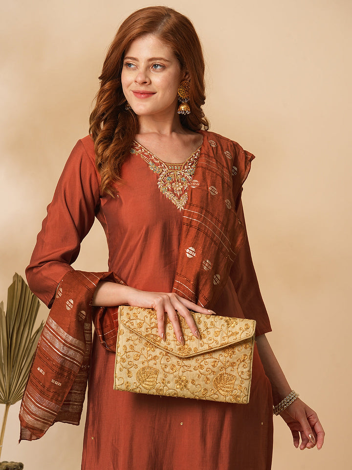 Solid Floral Hand Embroidered Straight Fit Kurta with Pant & Dupatta - Rust