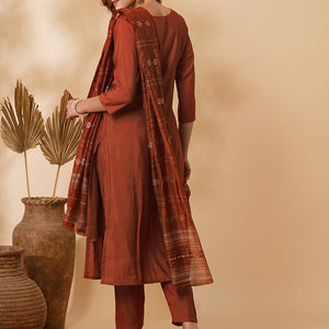 Solid Floral Hand Embroidered Straight Fit Kurta with Pant & Dupatta - Rust