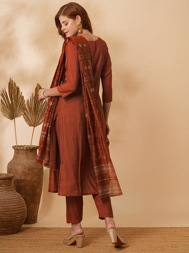 Solid Floral Hand Embroidered Straight Fit Kurta with Pant & Dupatta - Rust