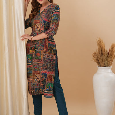 Ethnic Kalamkari Printed & Kantha Embroidered Straight Fit Kurta - Multi