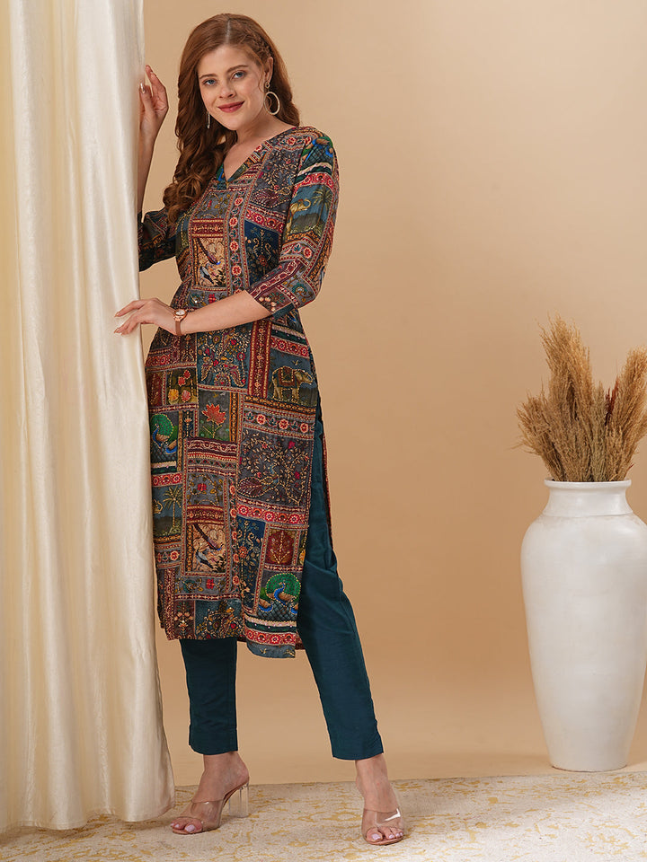 Ethnic Kalamkari Printed & Kantha Embroidered Straight Fit Kurta - Multi