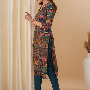 Ethnic Kalamkari Printed & Kantha Embroidered Straight Fit Kurta - Multi