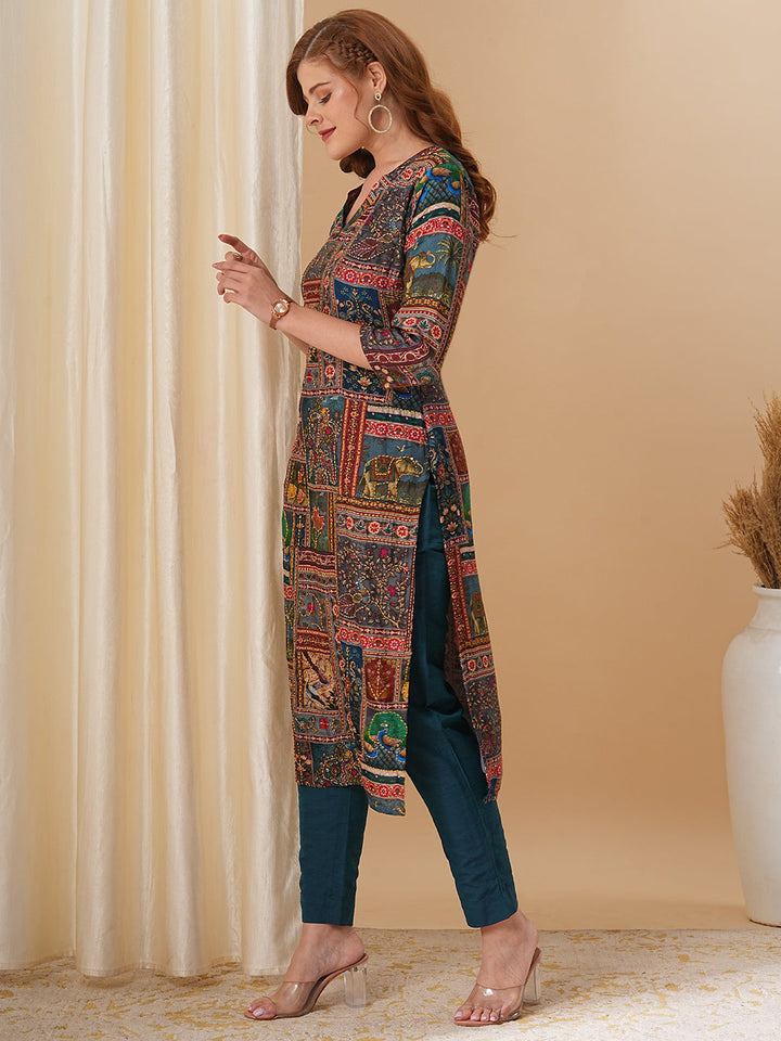 Ethnic Kalamkari Printed & Kantha Embroidered Straight Fit Kurta - Multi