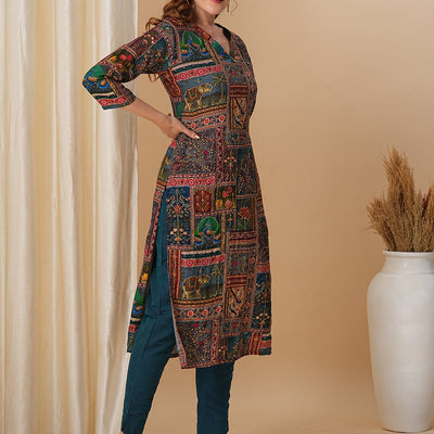 Ethnic Kalamkari Printed & Kantha Embroidered Straight Fit Kurta - Multi