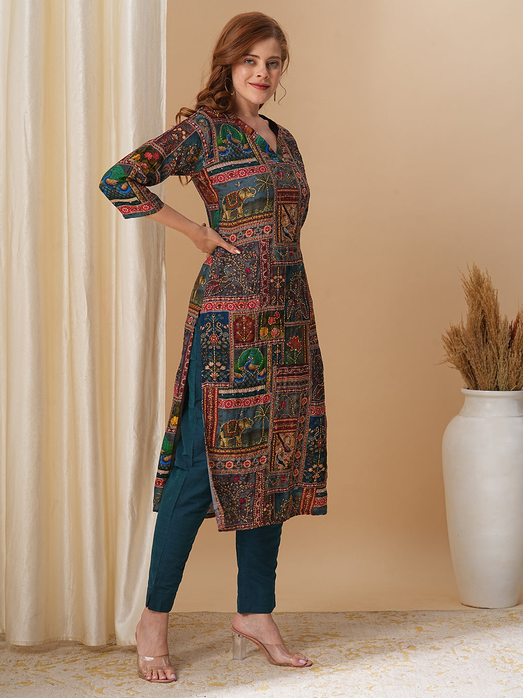 Ethnic Kalamkari Printed & Kantha Embroidered Straight Fit Kurta - Multi