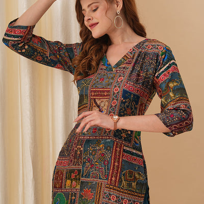 Ethnic Kalamkari Printed & Kantha Embroidered Straight Fit Kurta - Multi