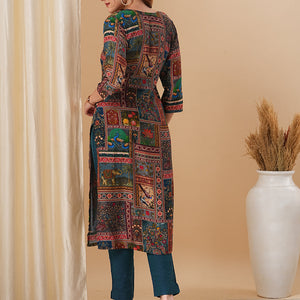 Ethnic Kalamkari Printed & Kantha Embroidered Straight Fit Kurta - Multi