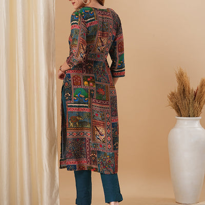 Ethnic Kalamkari Printed & Kantha Embroidered Straight Fit Kurta - Multi