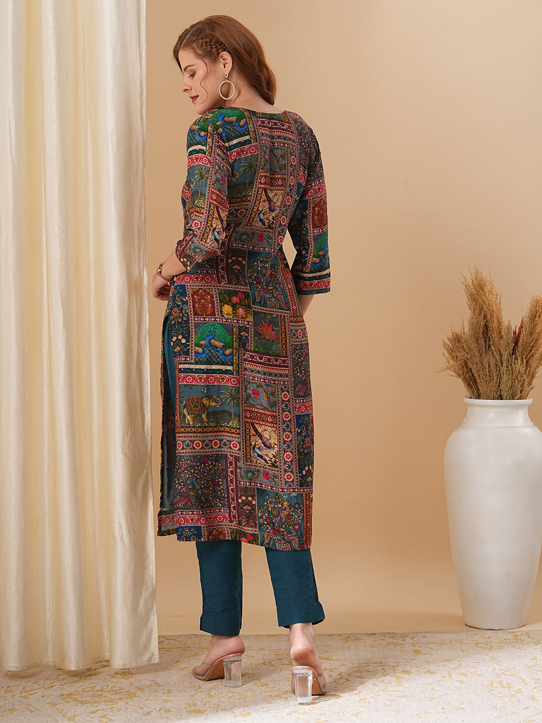 Ethnic Kalamkari Printed & Kantha Embroidered Straight Fit Kurta - Multi