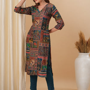 Ethnic Kalamkari Printed & Kantha Embroidered Straight Fit Kurta - Multi