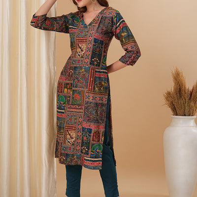 Ethnic Kalamkari Printed & Kantha Embroidered Straight Fit Kurta - Multi