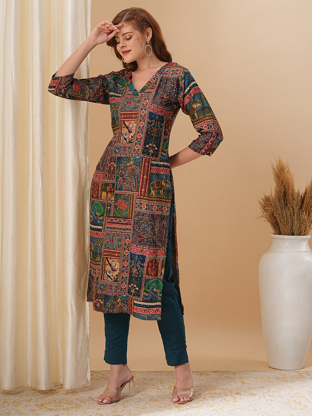 Ethnic Kalamkari Printed & Kantha Embroidered Straight Fit Kurta - Multi