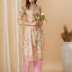 Abstract Floral Printed & Embroidered Straight Fit Kurta - Cream