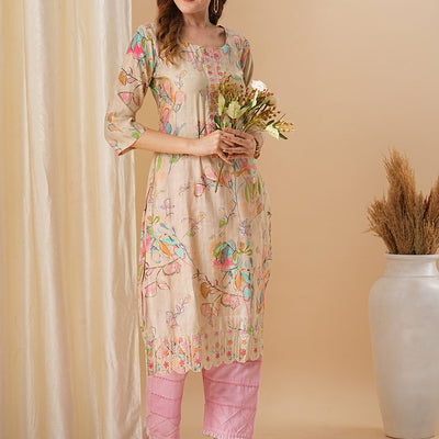 Abstract Floral Printed & Embroidered Straight Fit Kurta - Cream