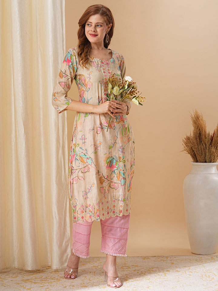 Abstract Floral Printed & Embroidered Straight Fit Kurta - Cream