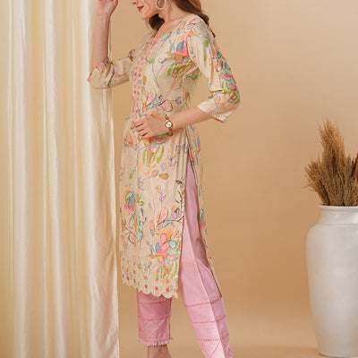 Abstract Floral Printed & Embroidered Straight Fit Kurta - Cream
