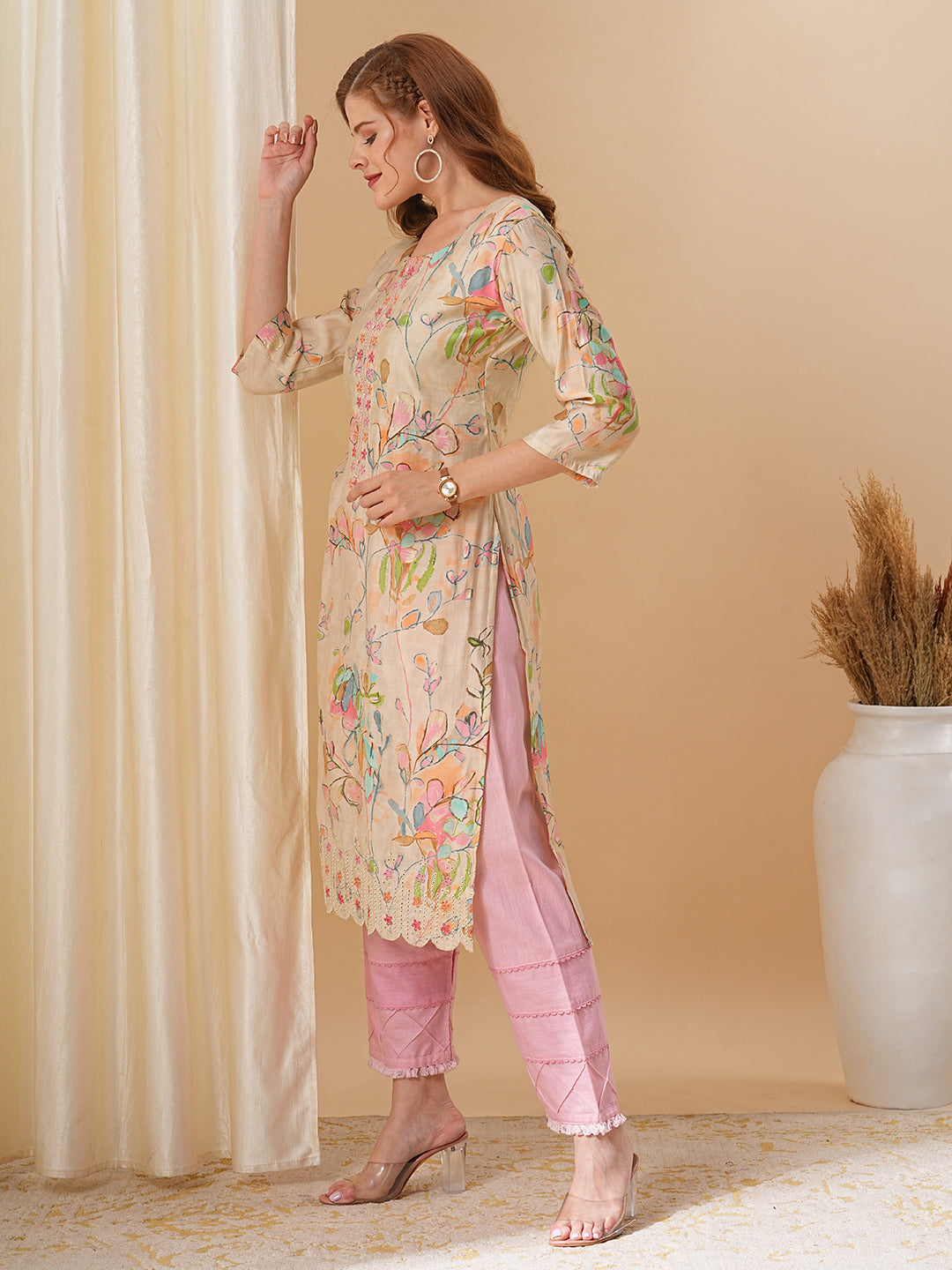 Abstract Floral Printed & Embroidered Straight Fit Kurta - Cream