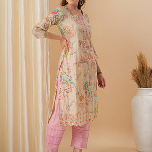 Abstract Floral Printed & Embroidered Straight Fit Kurta - Cream