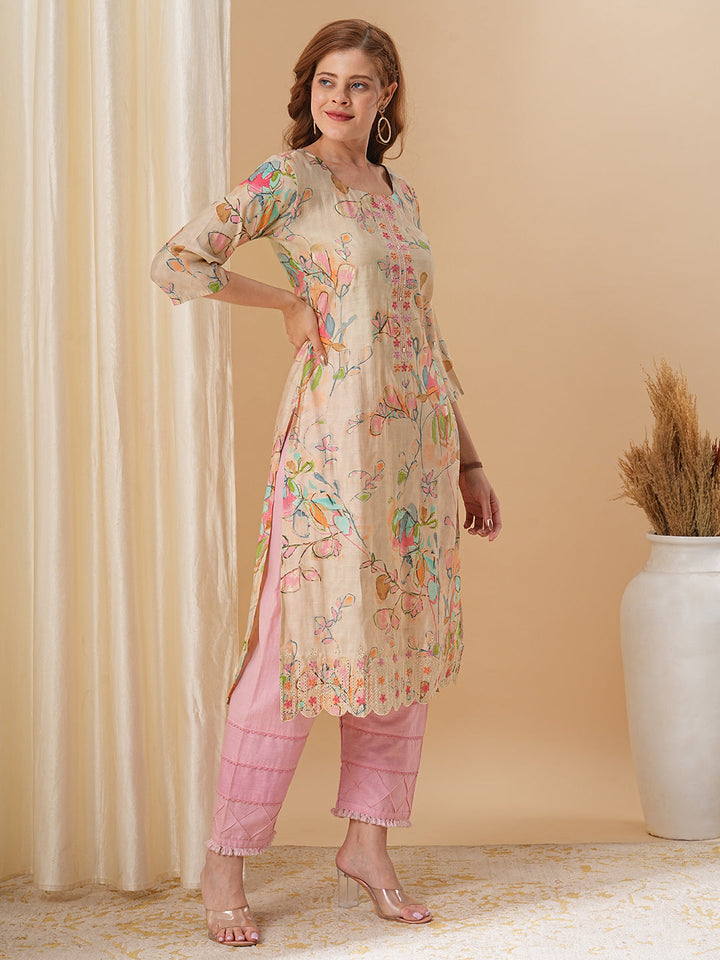 Abstract Floral Printed & Embroidered Straight Fit Kurta - Cream