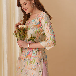 Abstract Floral Printed & Embroidered Straight Fit Kurta - Cream