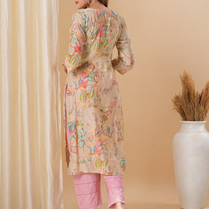 Abstract Floral Printed & Embroidered Straight Fit Kurta - Cream