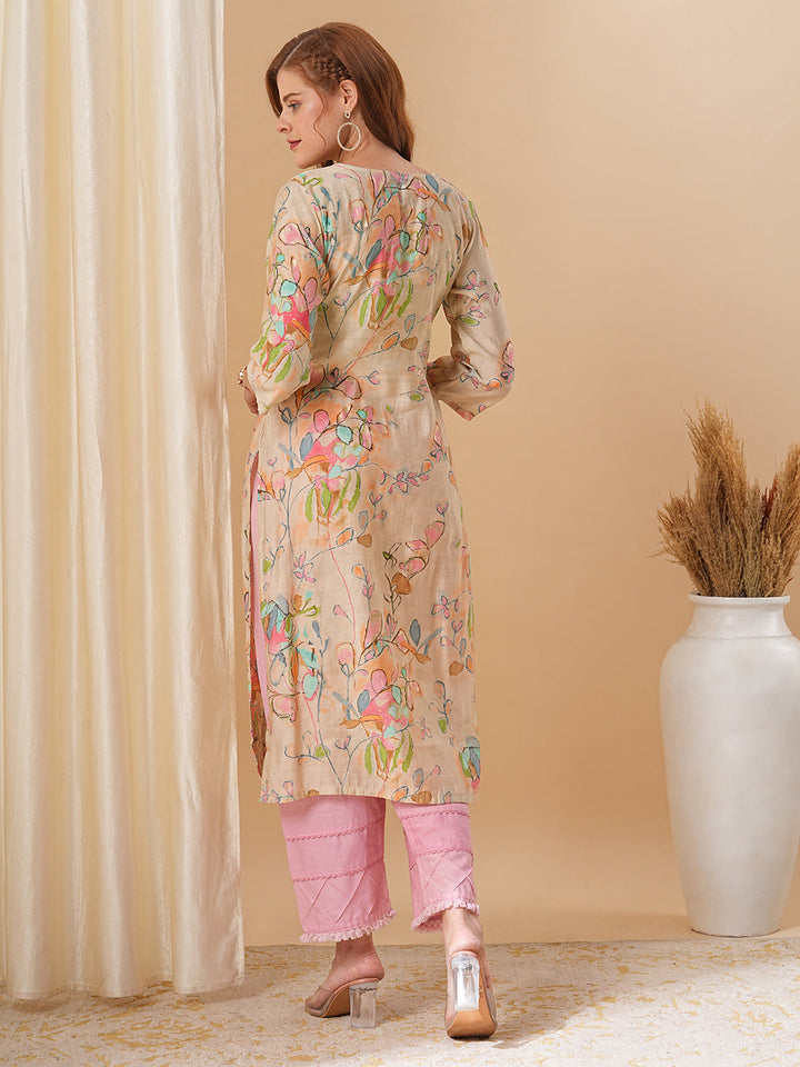 Abstract Floral Printed & Embroidered Straight Fit Kurta - Cream