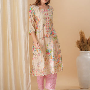 Abstract Floral Printed & Embroidered Straight Fit Kurta - Cream