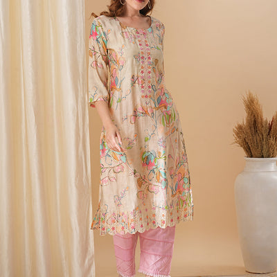 Abstract Floral Printed & Embroidered Straight Fit Kurta - Cream