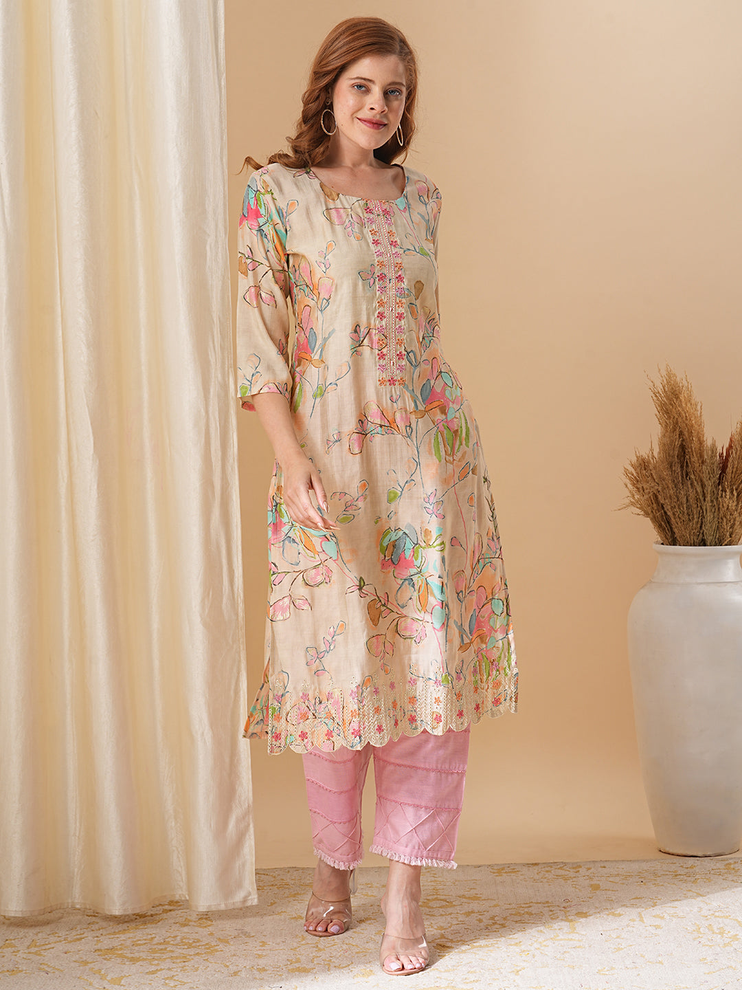 Abstract Floral Printed & Embroidered Straight Fit Kurta - Cream